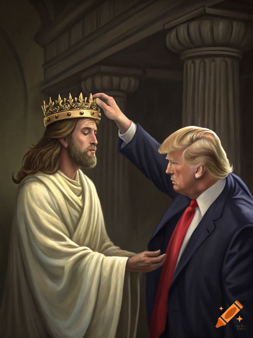 Painting of Donald Trump placing a golden crown on Jesus Christ's head