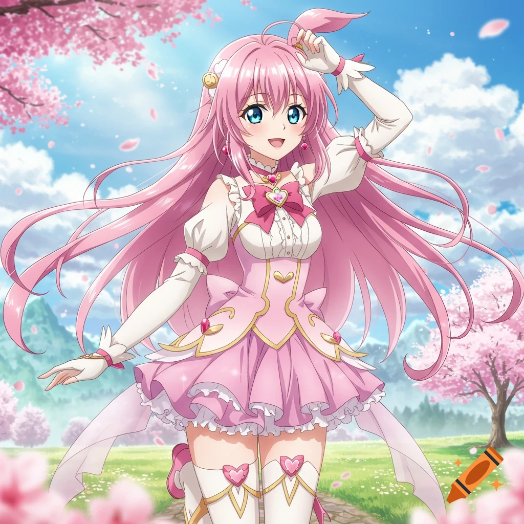 An anime girl with long pink hair and a pink dress stands in a field with cherry blossom trees under a blue sky.