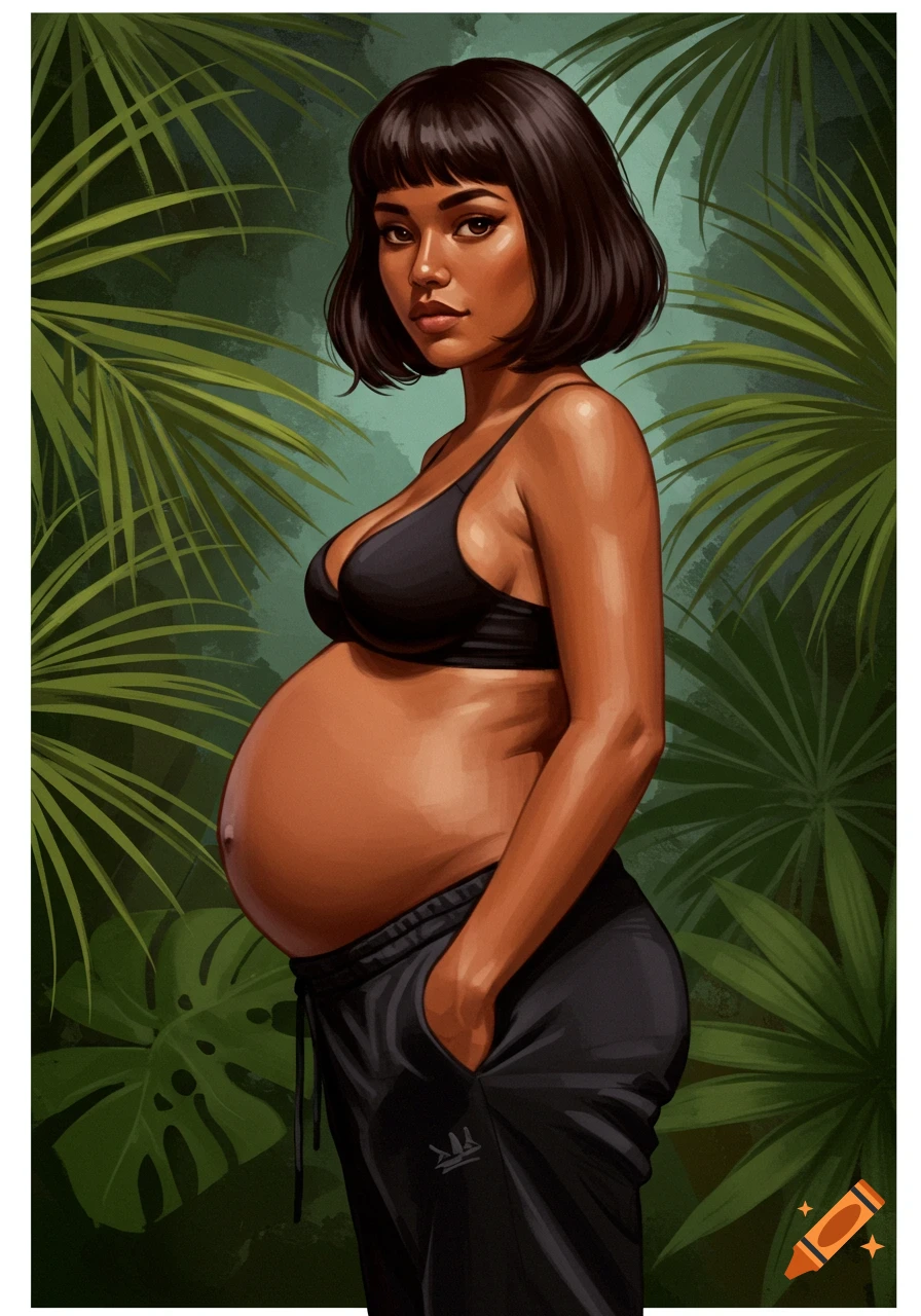 Portrait of a pregnant woman in a black bra and sweatpants in a tropical setting, digital art.