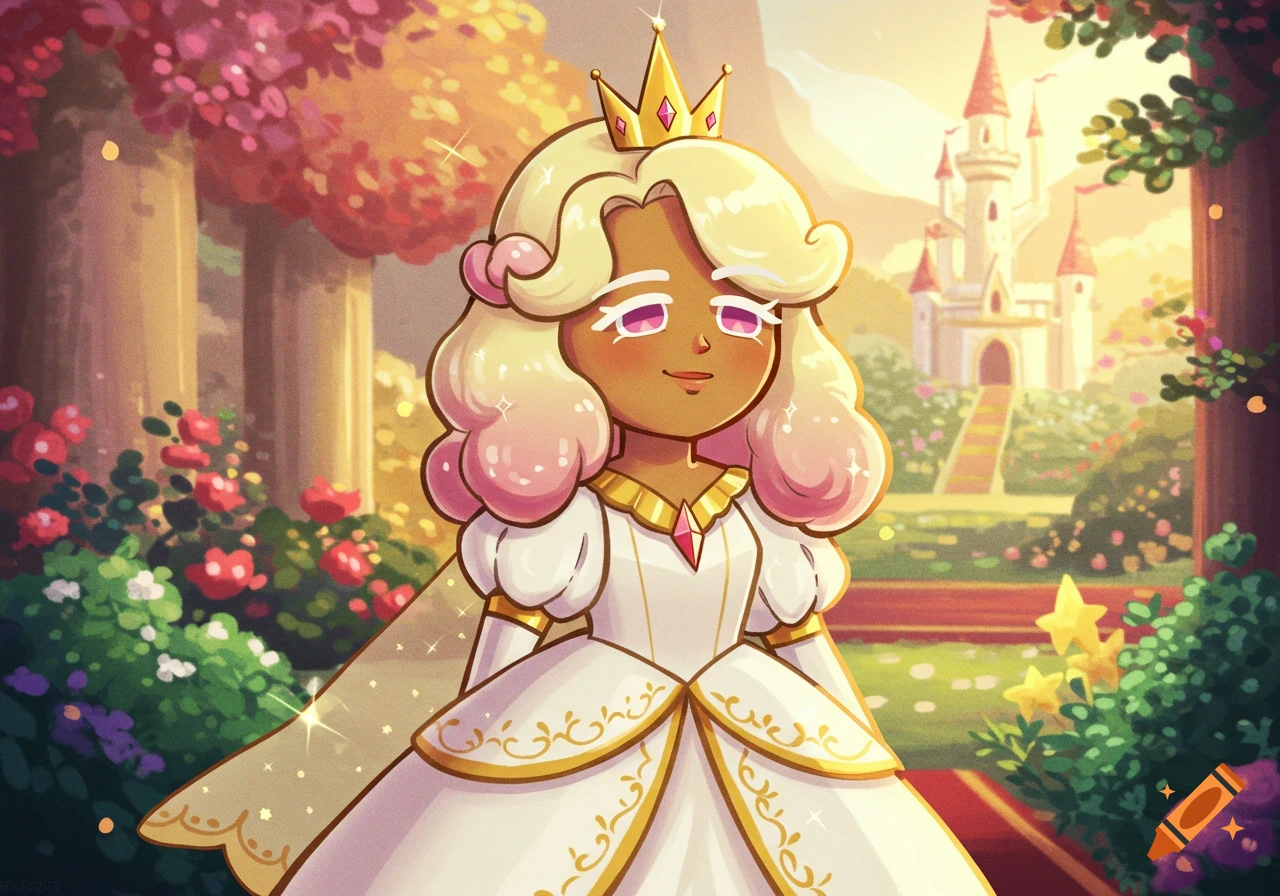 Cartoon princess character in a garden with a castle