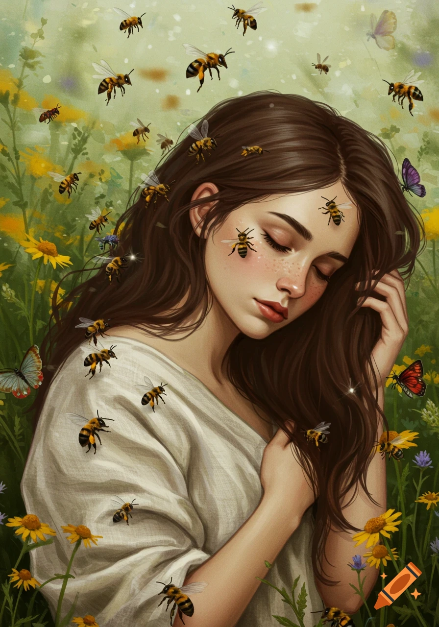 A woman with closed eyes among bees and butterflies in a field of yellow flowers, digital painting style.