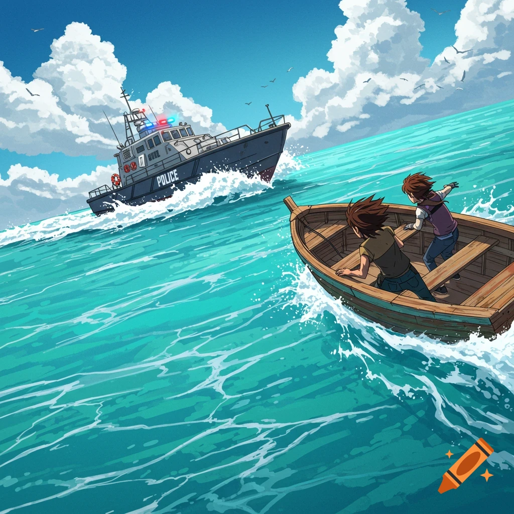 An anime-style illustration of a police boat chasing a small wooden boat with two people on a wavy blue sea under a cloudy sky.