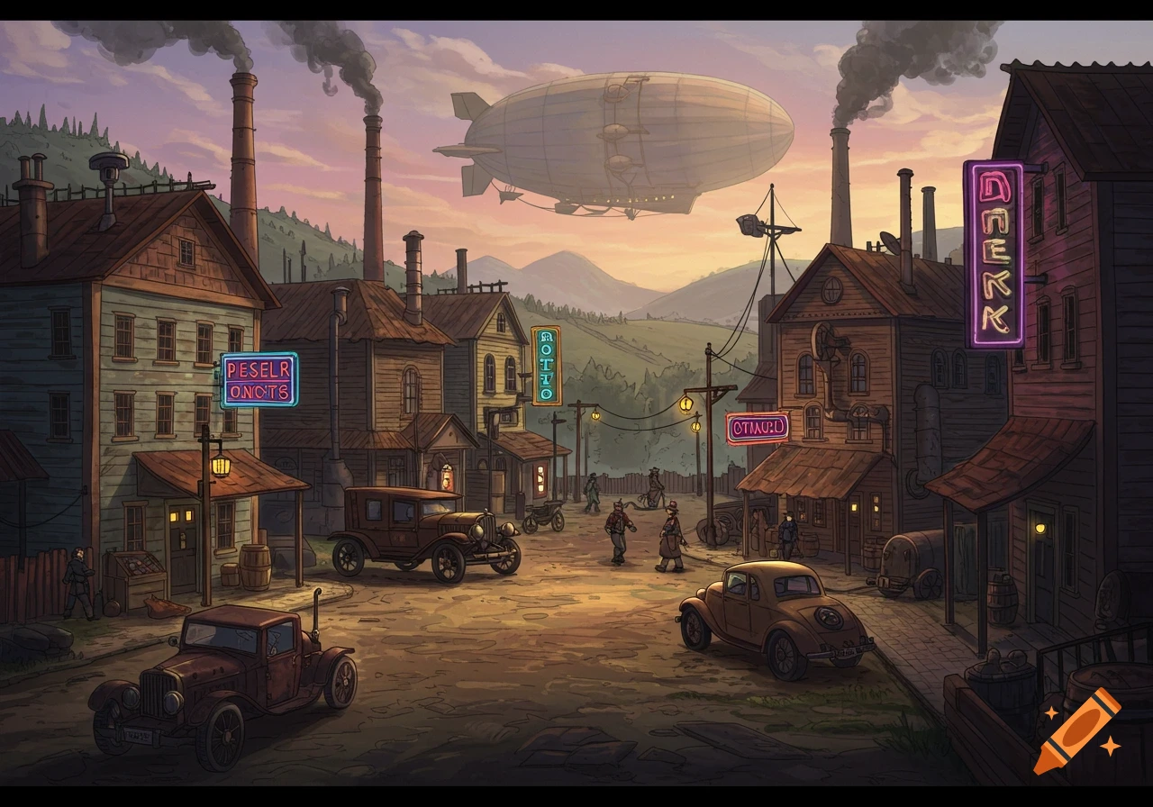 A dieselpunk town at sunset with factories, vintage cars, a zeppelin flying overhead, and neon signs.