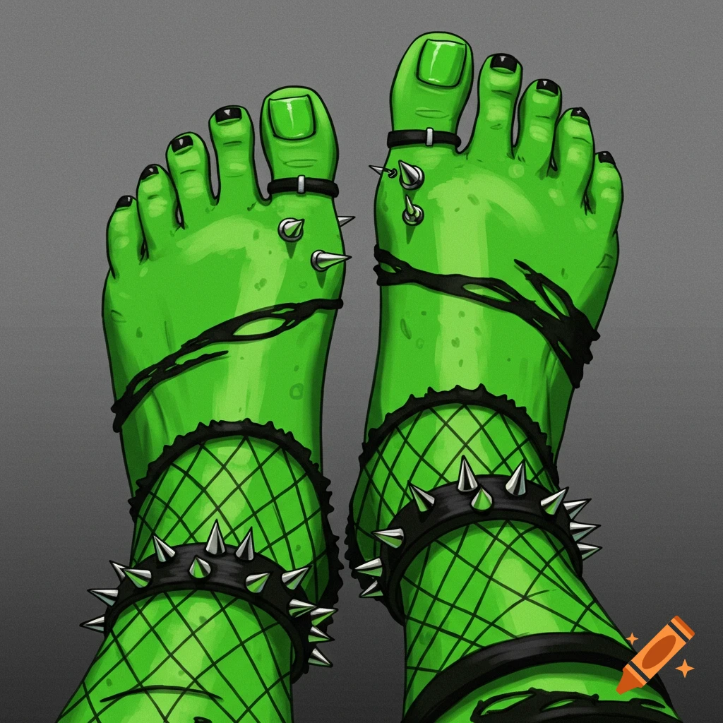 Two green feet wearing black fishnet stockings, spiked ankle bands, and spiked toe rings.
