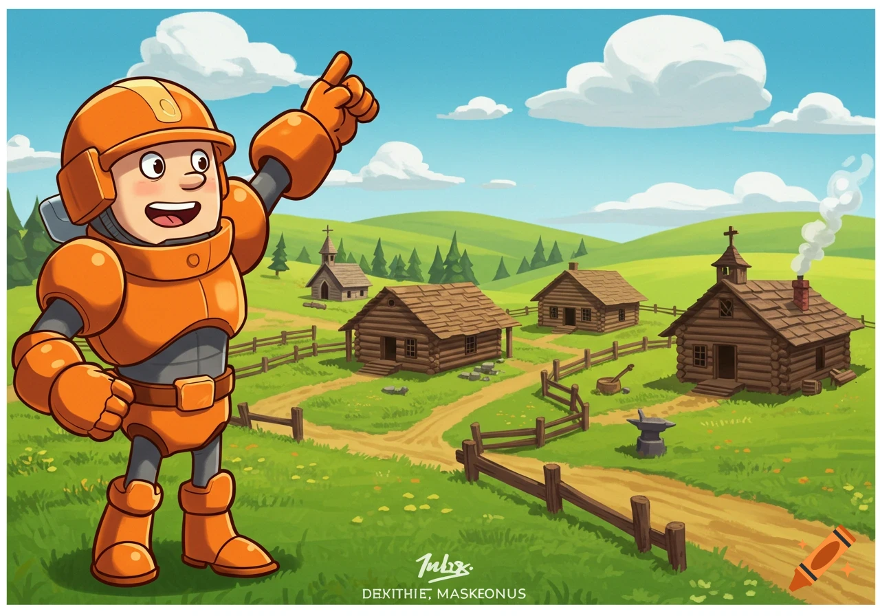 Cartoon character pointing towards a pioneer village with log cabins and a church in a green landscape.
