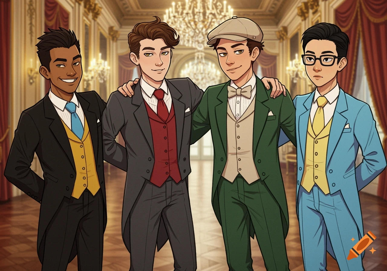 Four cartoon boys in formal suits and tuxedos stand together in a grand room.