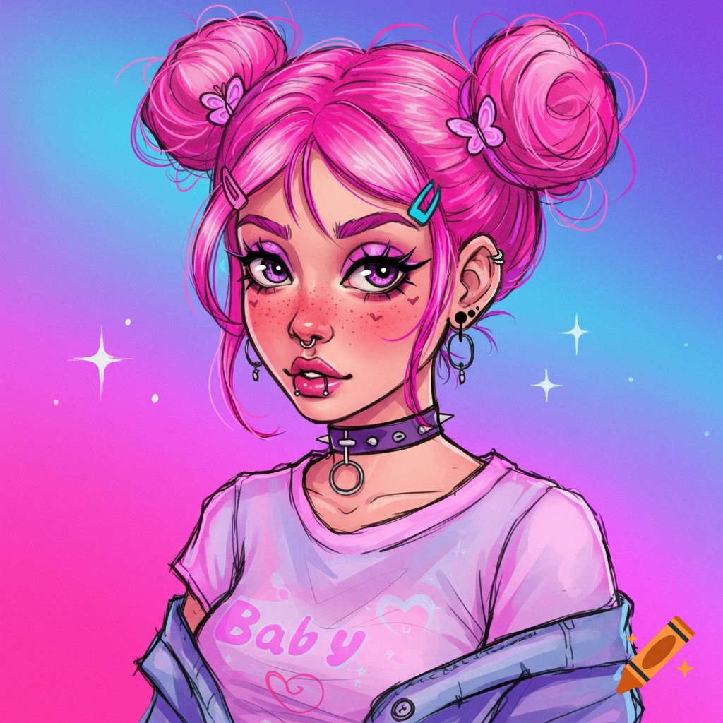 Stylized portrait of a girl with pink hair in space buns, piercings, and a 'Baby' t-shirt, in a sketchy Y2K style.