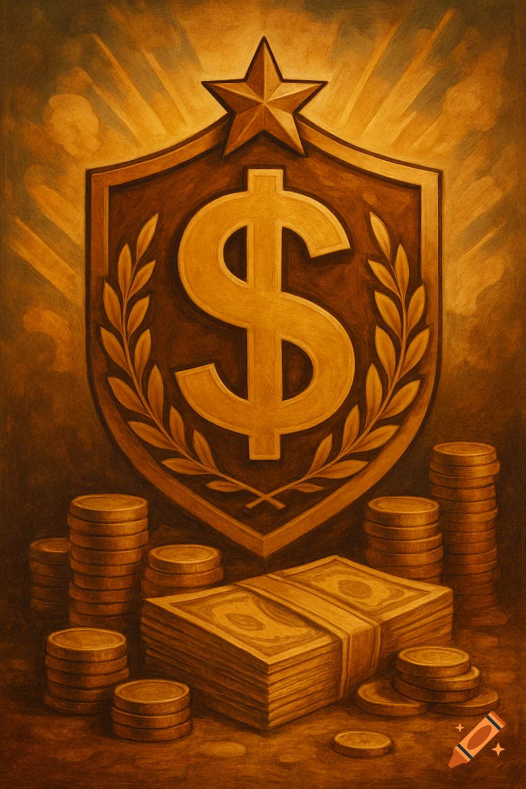 A painted image of a golden shield with a dollar sign and star, surrounded by stacks of coins and bills.