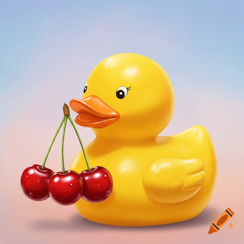 Illustration of a yellow rubber duck holding a cluster of three cherries by their stems in its mouth.
