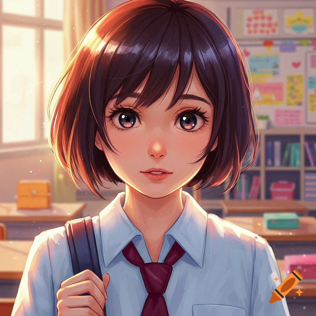Anime portrait of a student girl in a classroom.