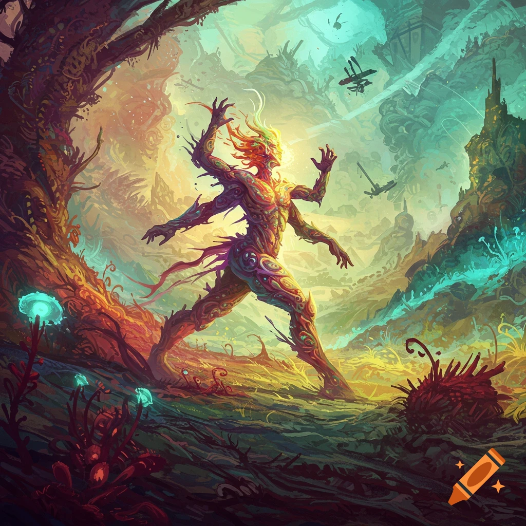 A vibrant fantasy illustration of a multi-limbed creature in a colorful, surreal landscape.