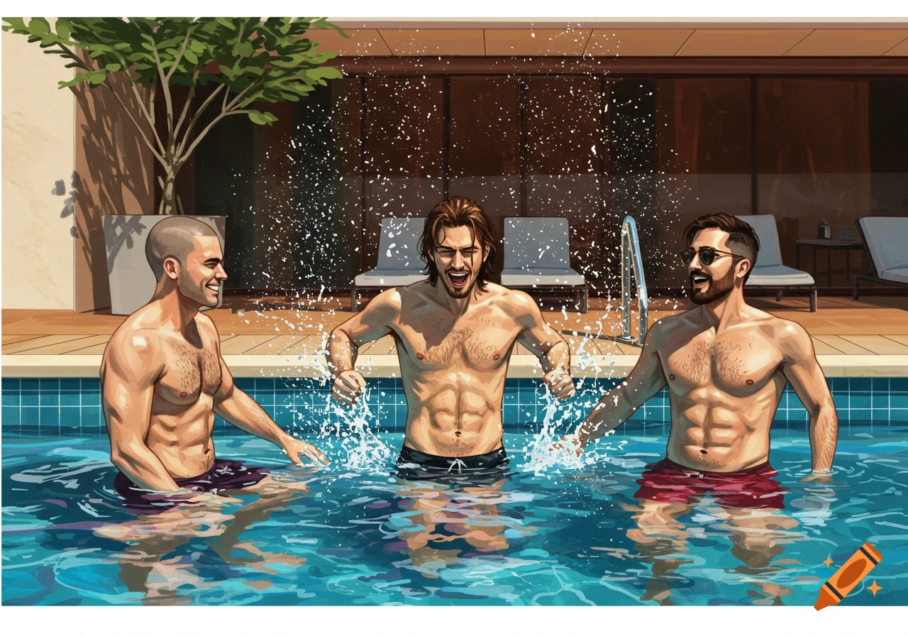 Three men laughing and splashing water in a swimming pool