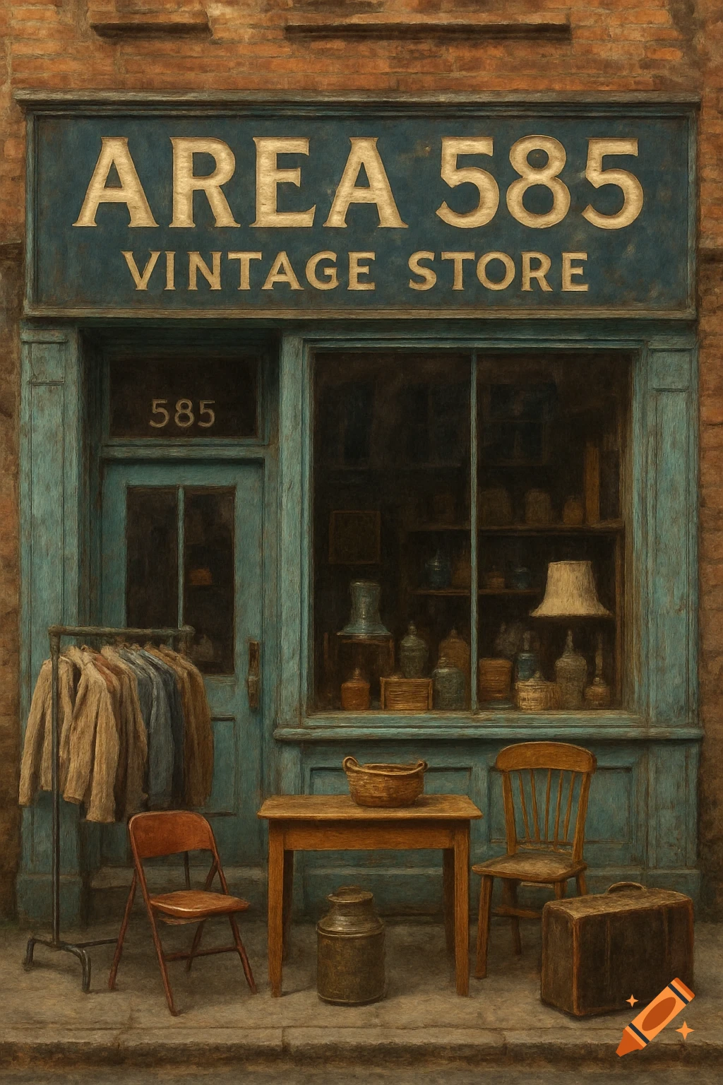 Textured painting of a vintage store storefront with a sign that reads 'AREA 585 VINTAGE STORE', clothing rack, table, chairs, and suitcase outside.