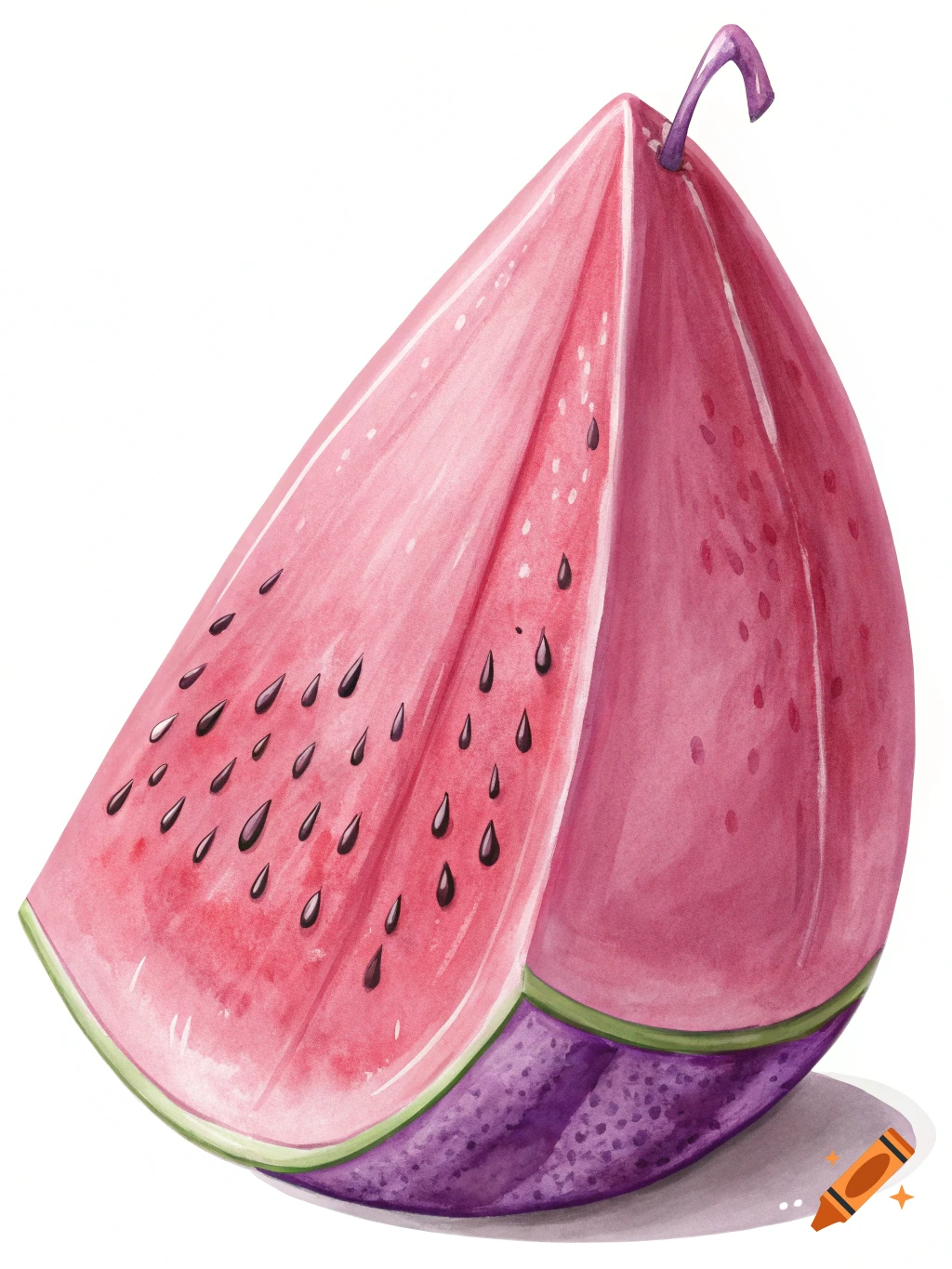 Watercolor illustration of a stylized watermelon slice with a purple base.