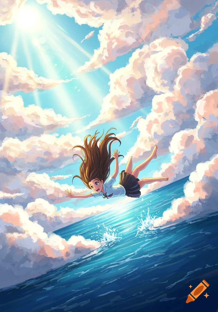 An anime girl with long hair falls from a bright sky through clouds towards the ocean.