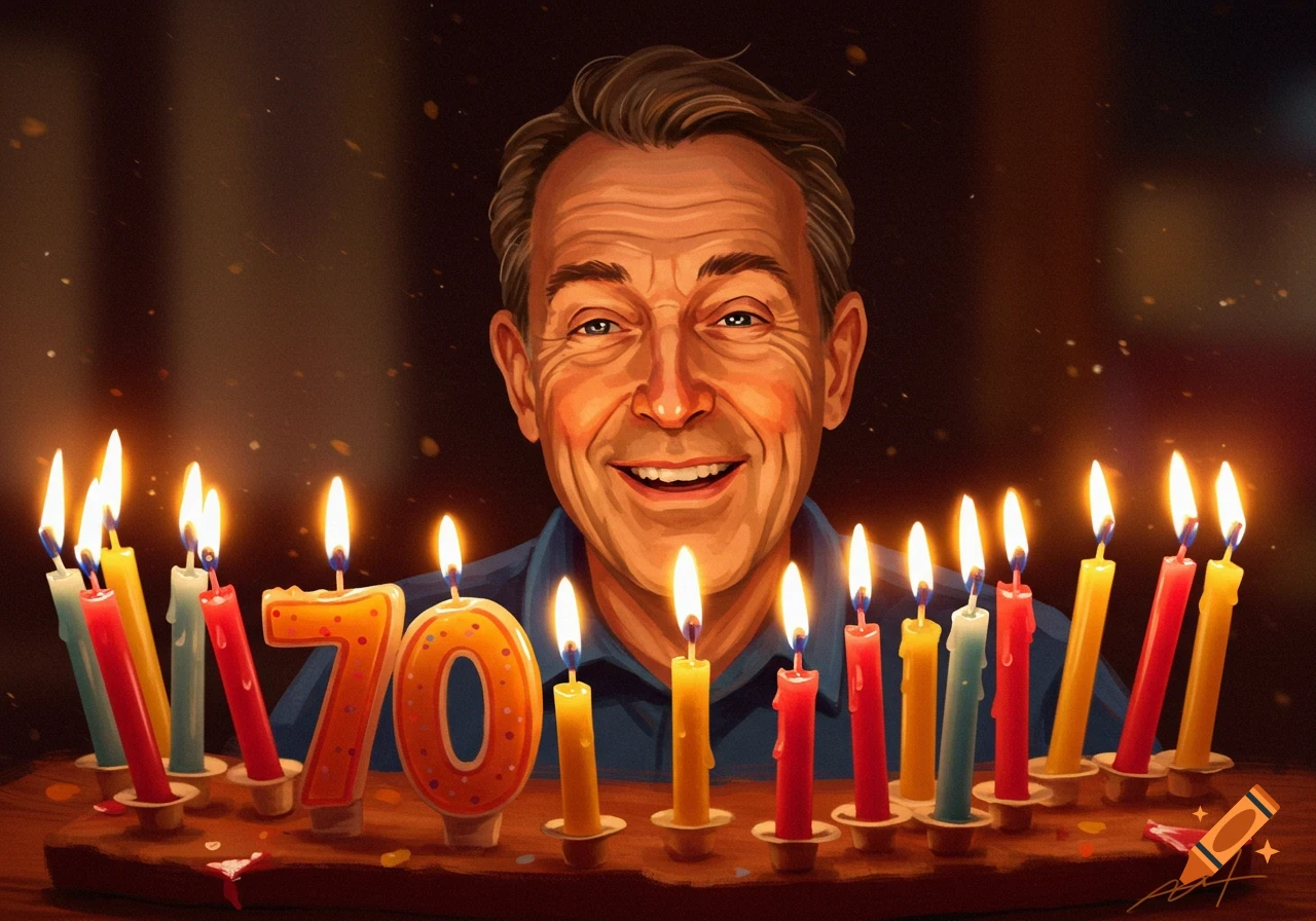 Man smiling behind birthday candles shaped like '70'