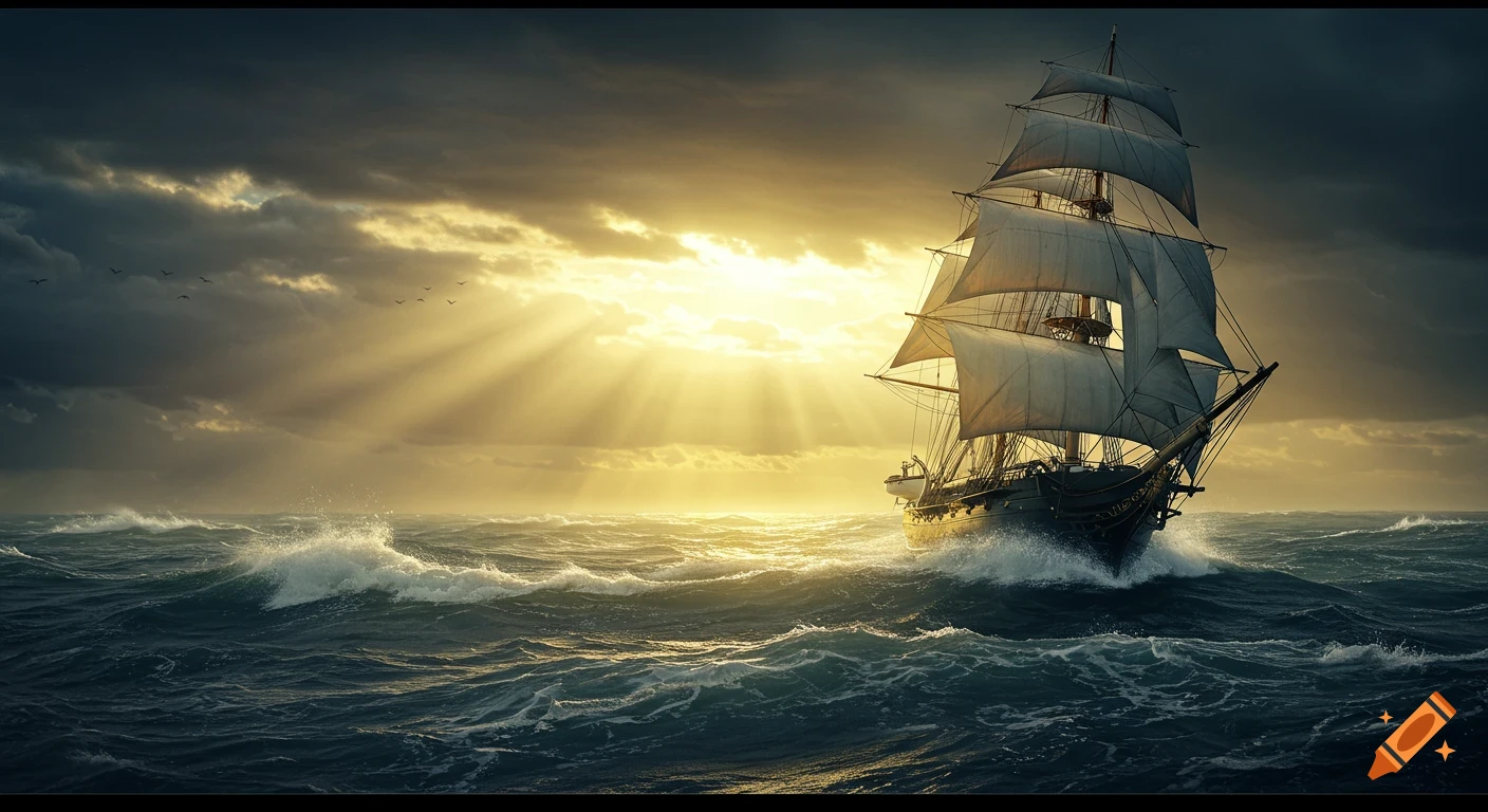 Tea clipper ship on a stormy sea with sunlight breaking through clouds.