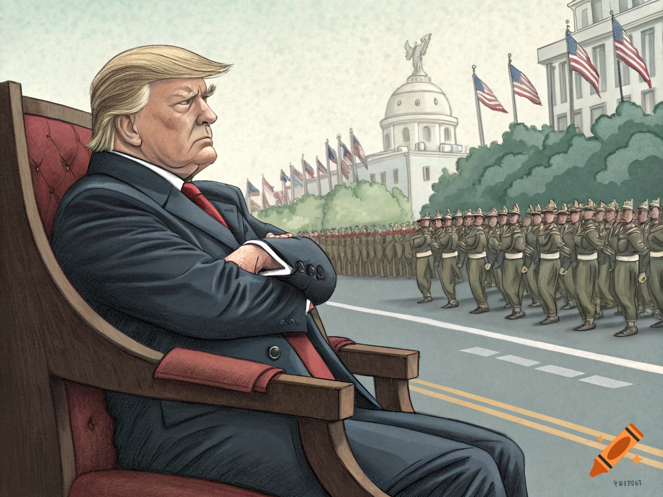 Illustration of Donald Trump watching a military parade in front of the US Capitol.