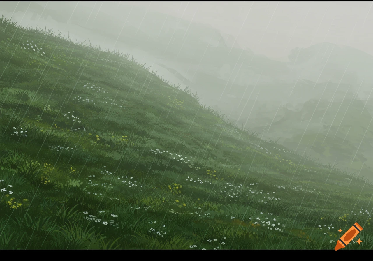 Rain falls on a green, grassy hill covered in small white and yellow flowers on a foggy day.