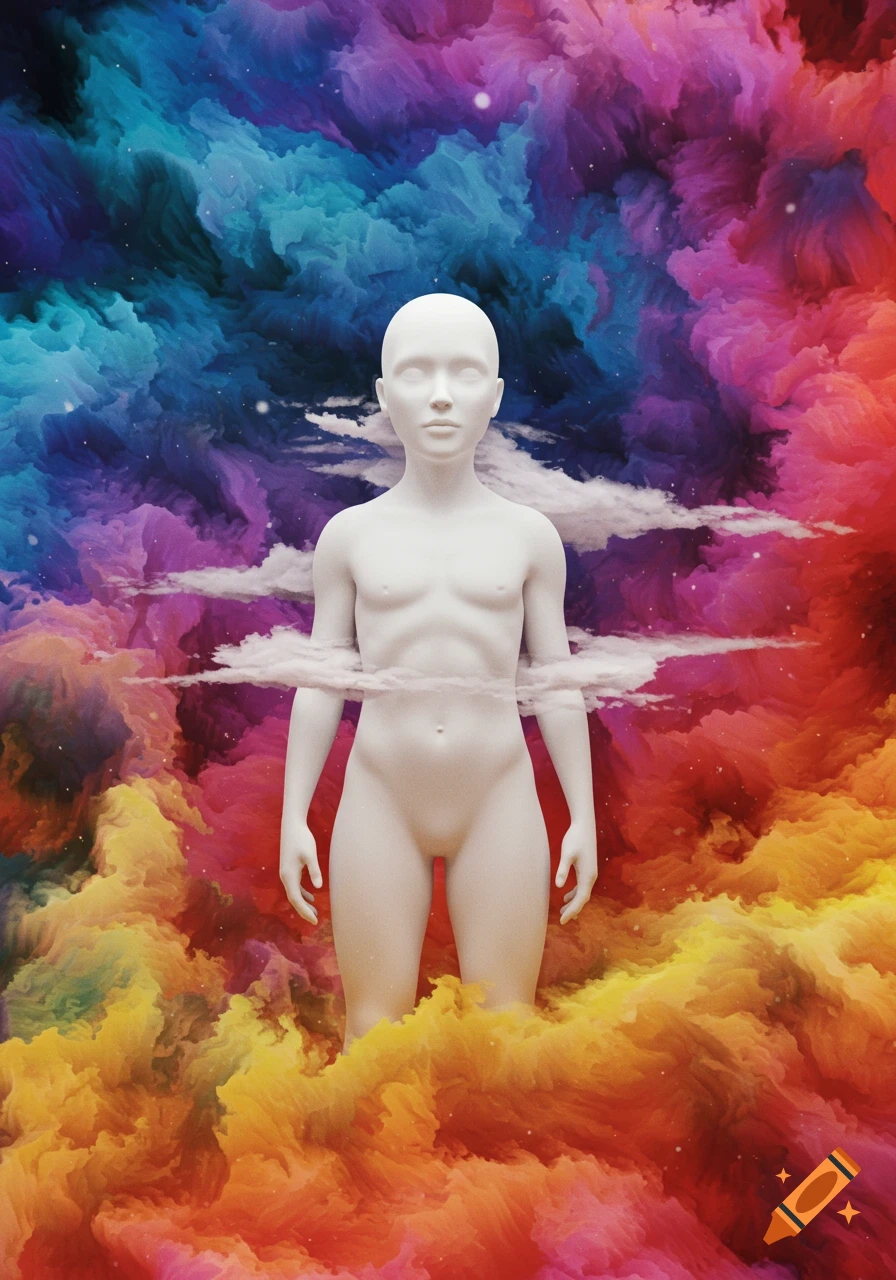 White featureless figure against a vibrant swirling abstract background