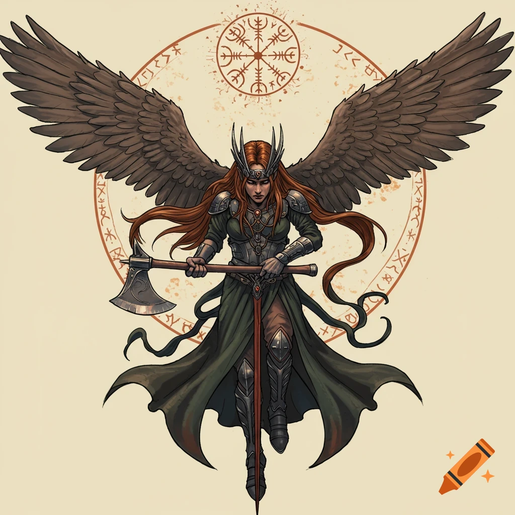 A winged female warrior holding an axe, with runes behind her, in a tattoo style.