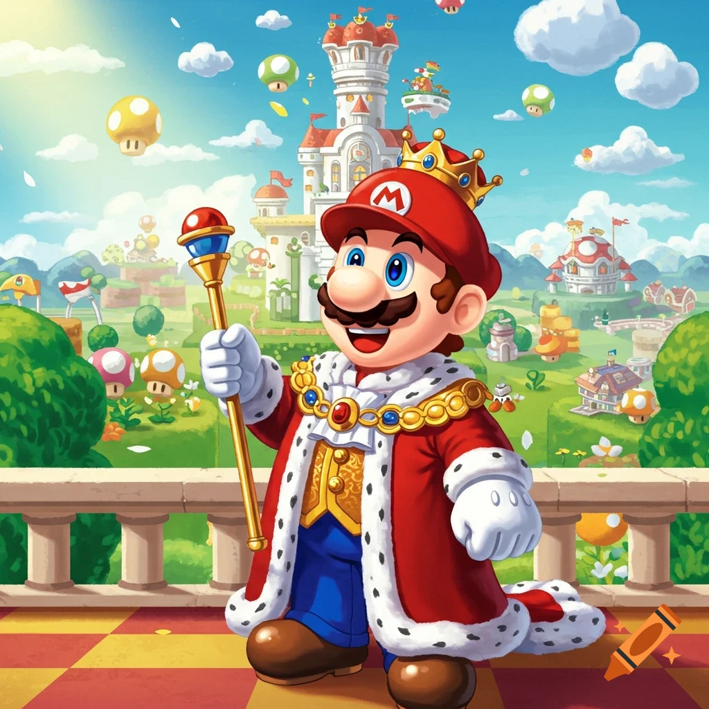 Illustration of King Mario holding a staff in a Super Mario landscape with a castle and floating mushrooms.