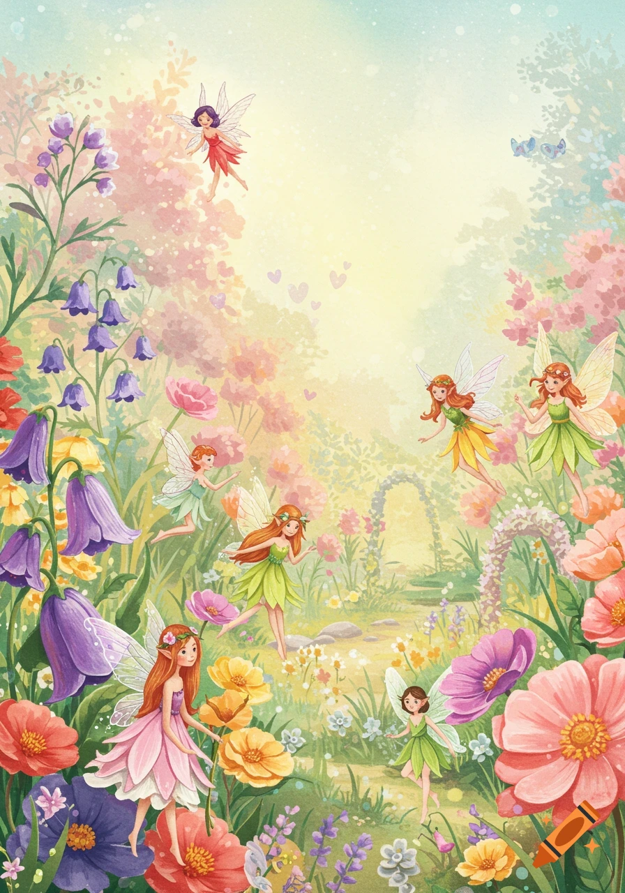 Watercolor illustration of fairies in a colorful flower garden.