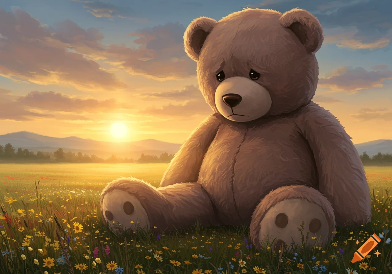 A sad teddy bear sits in a field of wildflowers under a sunset sky.