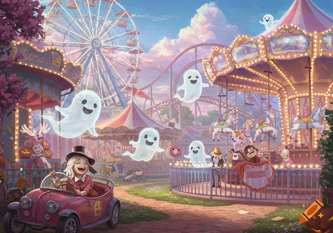 Dreamlike illustration of ghosts at a whimsical amusement park with a ferris wheel, carousel, and roller coaster.