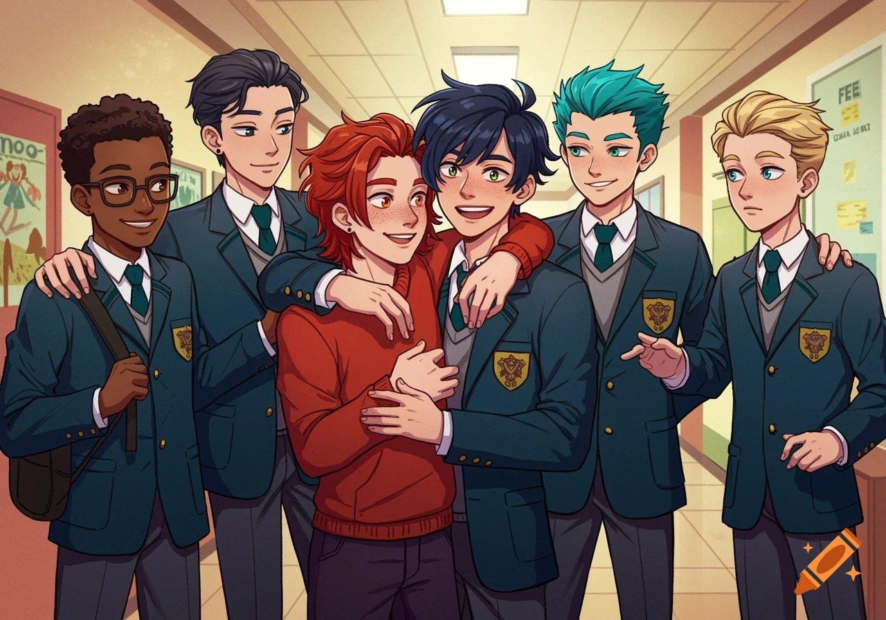 Cartoon of six teenage boys in school uniforms posing in a hallway in an anime style.