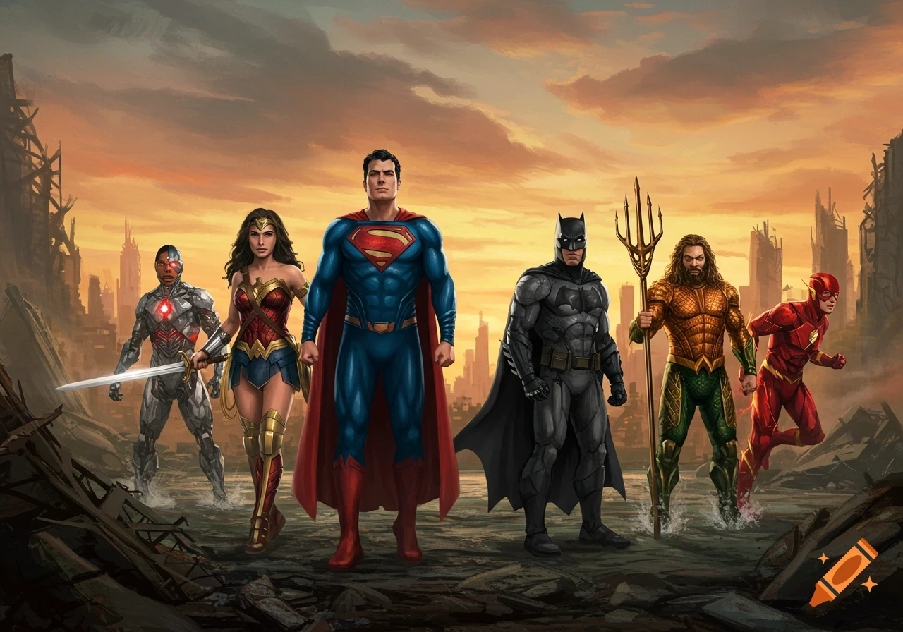 The Justice League superheroes stand together in a ruined city landscape at sunset.