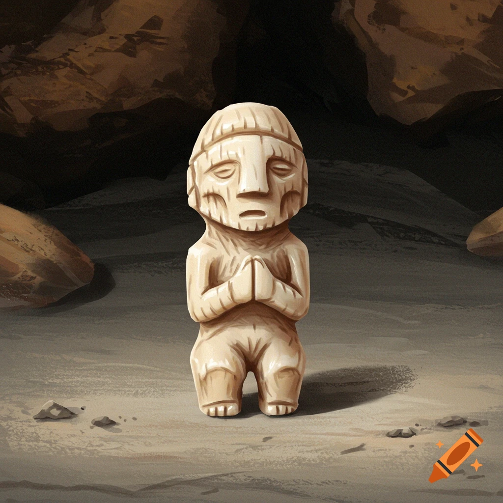 A small stone statue resembling a praying human figure stands in a dark cave.