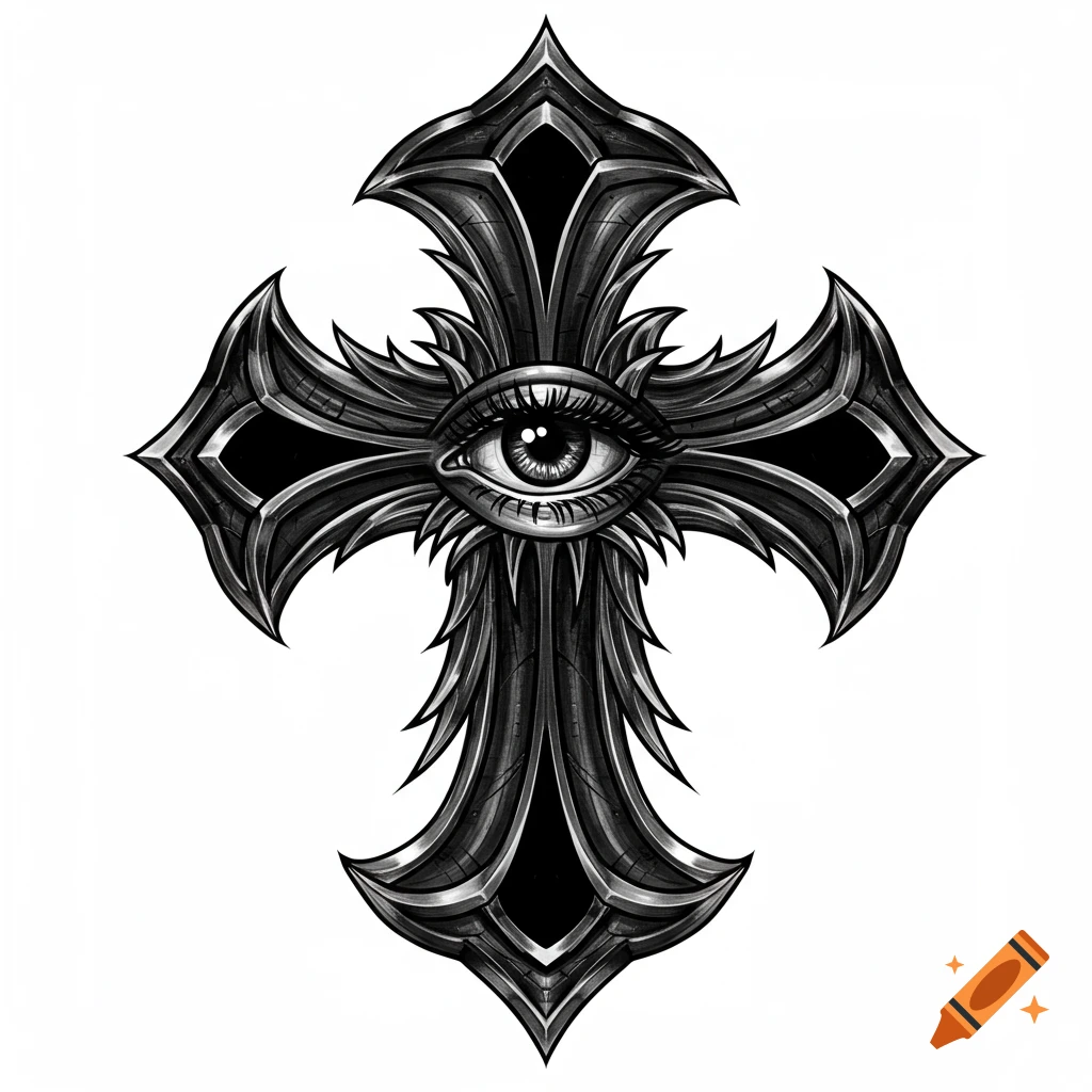 A gothic style ornate cross in black and chrome, featuring an eye in the center.
