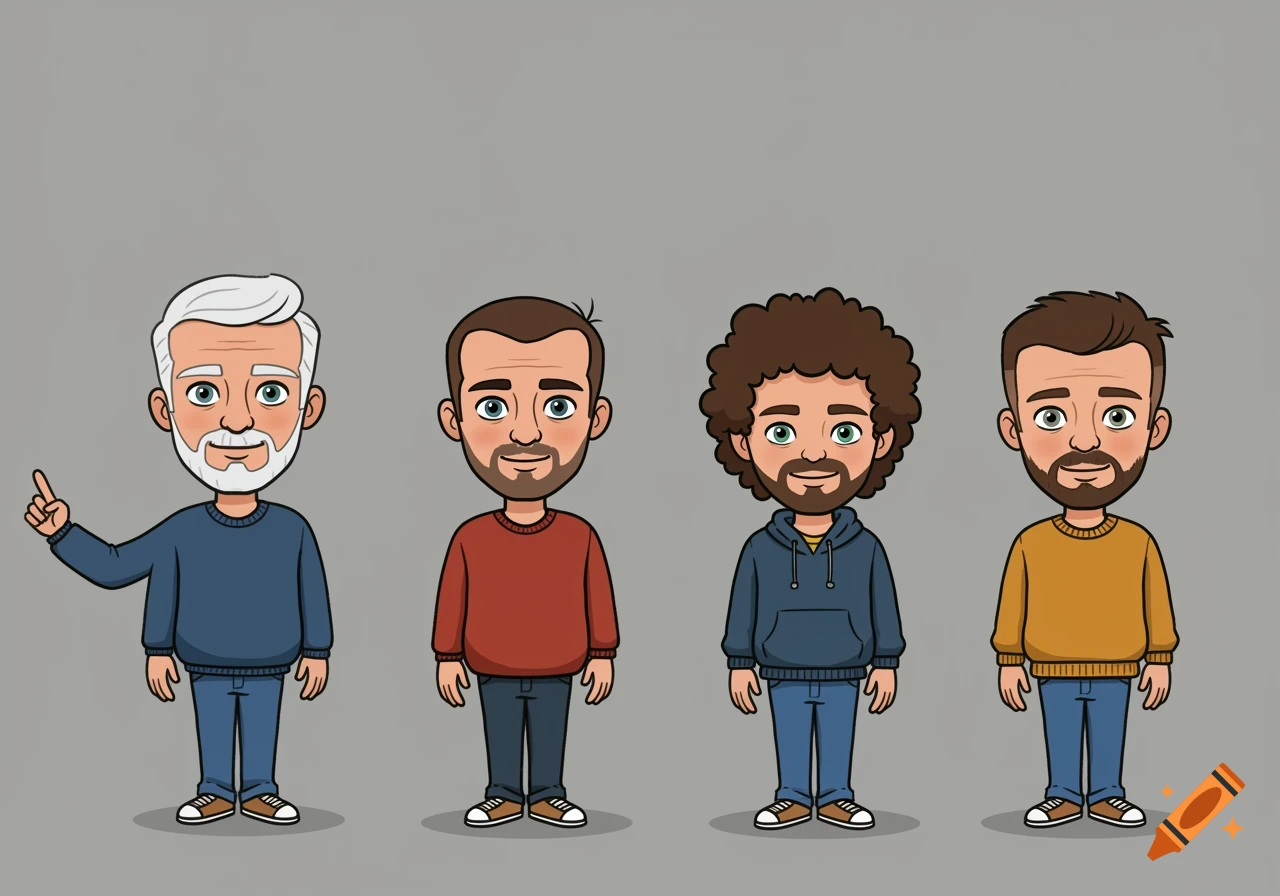 Cartoon illustration of a father and his four sons