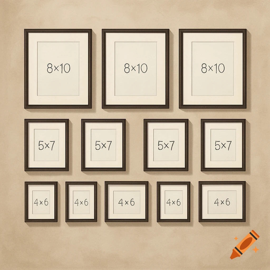 Gallery wall layout with dark frames and mats showing photo sizes 8x10, 5x7, and 4x6 on a beige wall.