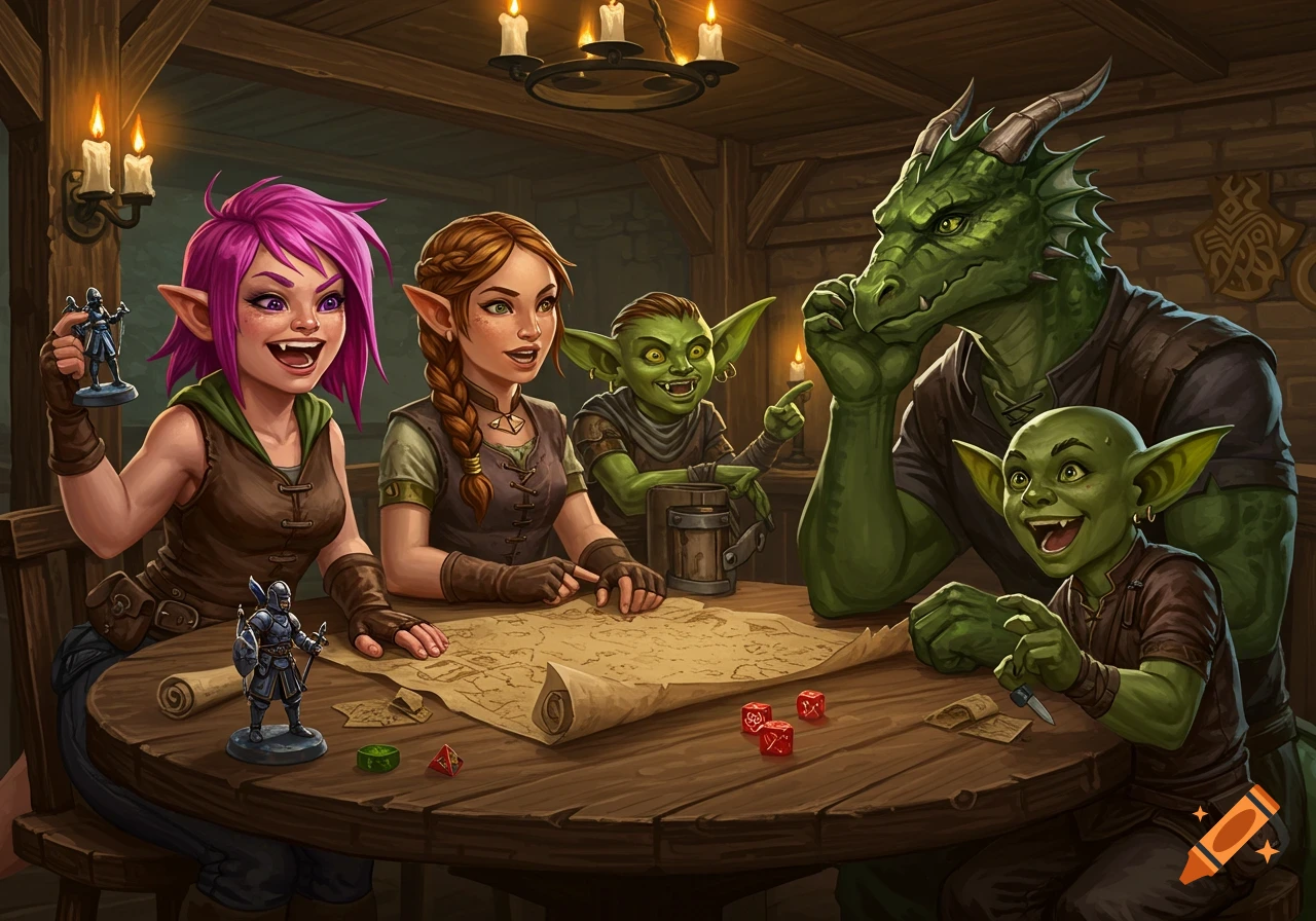 Fantasy characters (dragonborn, elves, goblins) play a tabletop game with map and dice in a tavern.