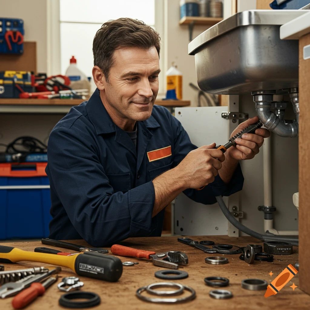 A man in a workshop wears a dark blue work shirt and uses a wrench to work on a sink.