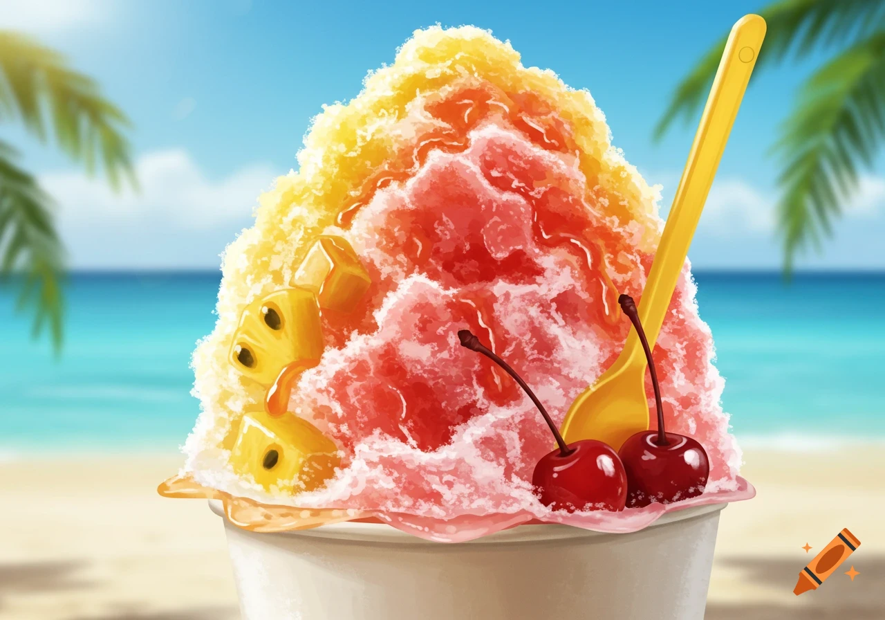 An illustration of colorful shave ice with fruit and a spoon on a beach.