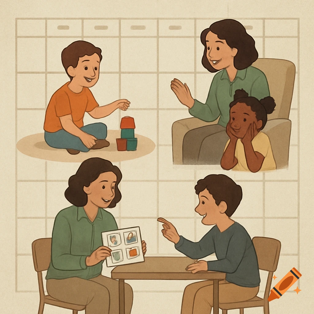 Digital illustration of adults working with children in different settings.