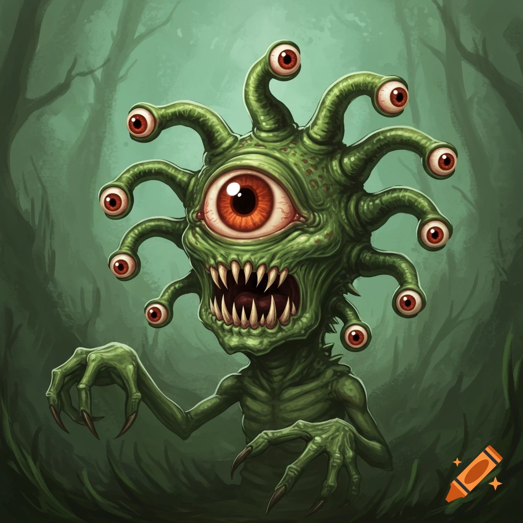 A green, monstrous creature with a large central eye, multiple smaller eye stalks, sharp teeth, and clawed hands stands in a forest.