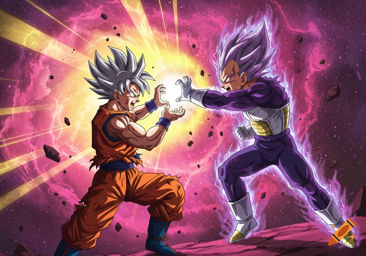 Anime style illustration of Ultra Instinct Goku and Ultra Ego Vegeta fighting with energy blasts in space.