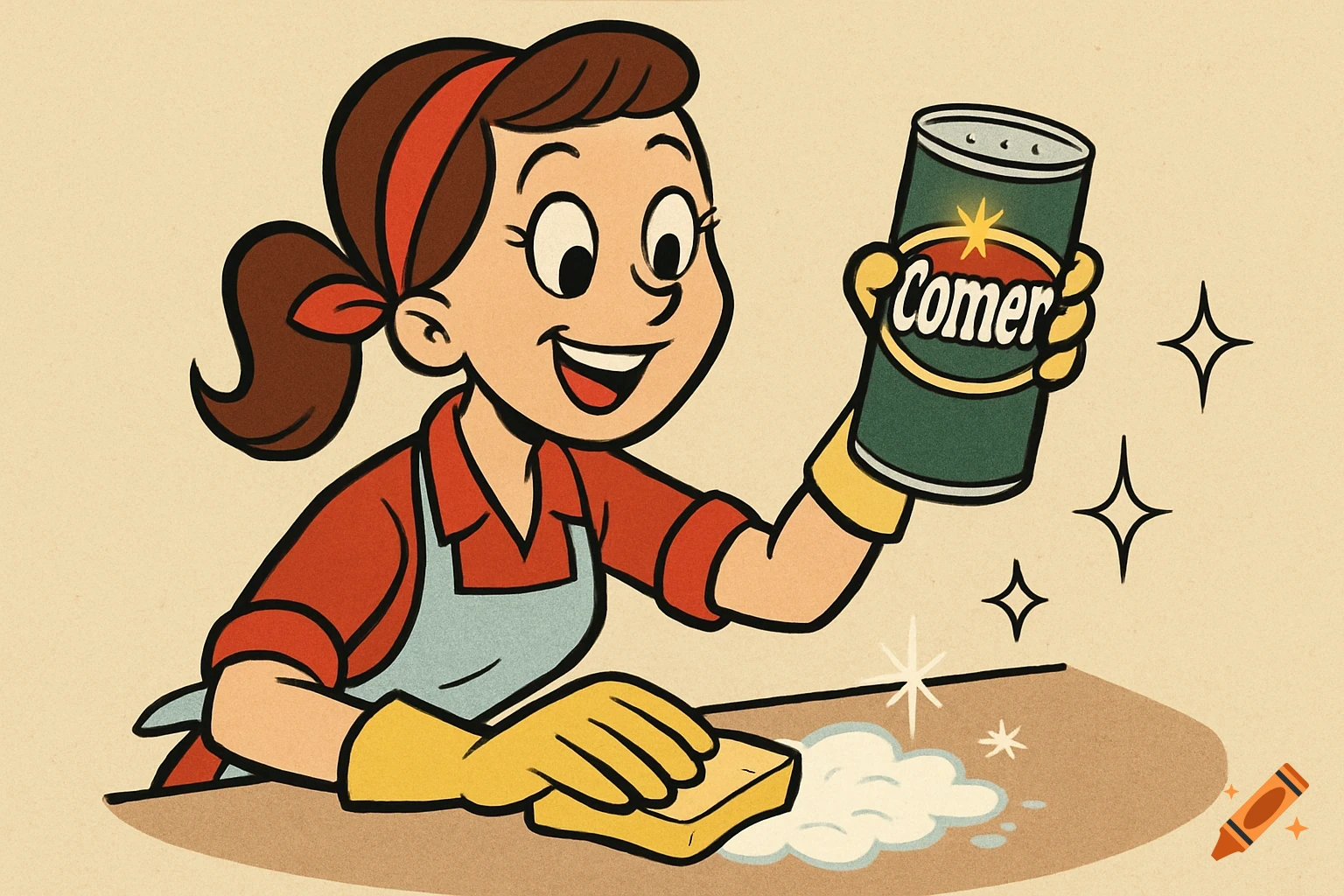 Cartoon woman in apron and gloves cleaning with a sponge and can.