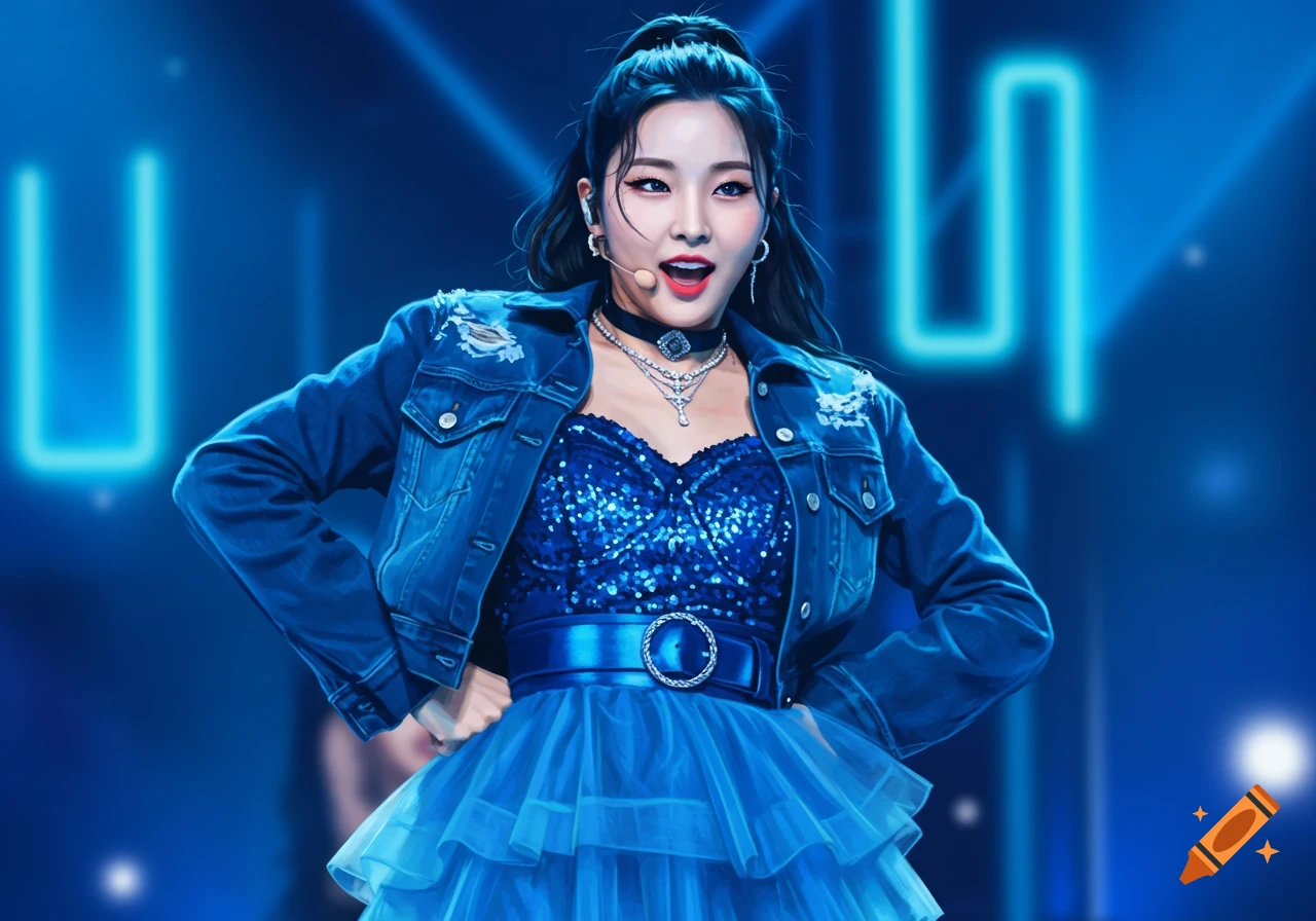 Woman in blue sequined top, denim jacket, and tutu on stage with blue neon lights.