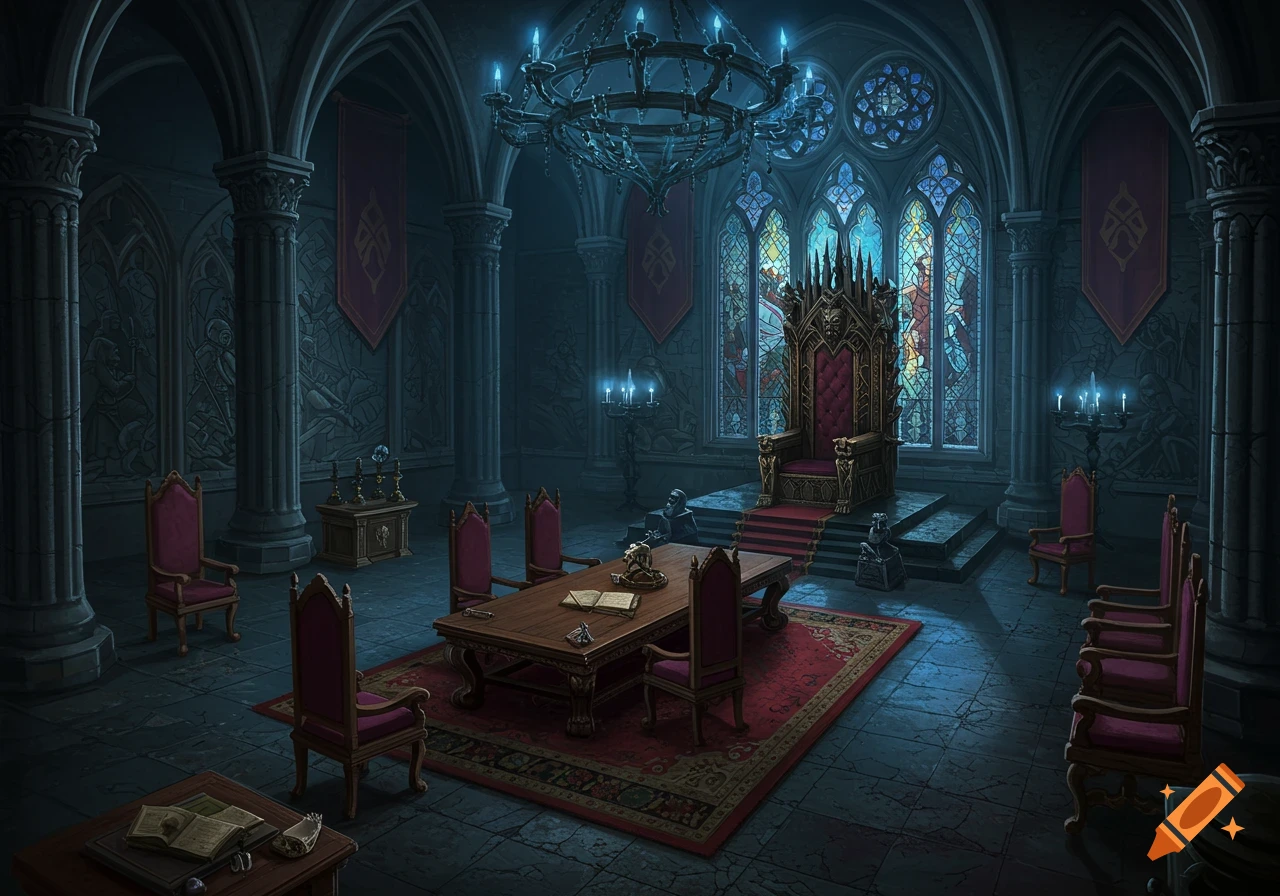 Gothic throne room with a large throne, stained glass windows, and a long table