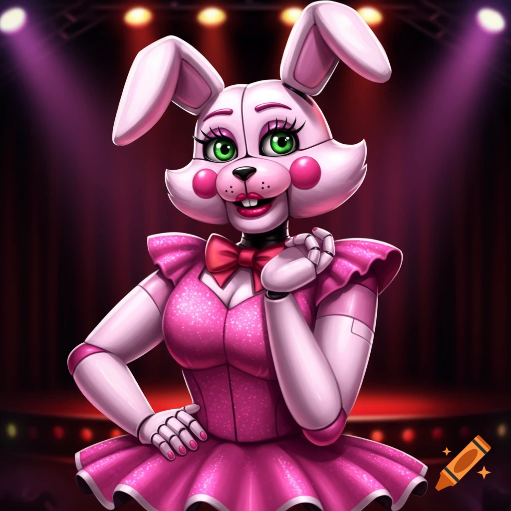 Pink and white animatronic bunny in a sparkly dress on a stage