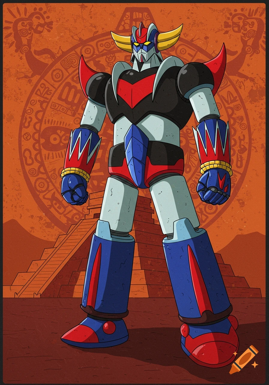 A stylized giant robot resembling Grendizer stands before an Aztec pyramid and calendar symbol.