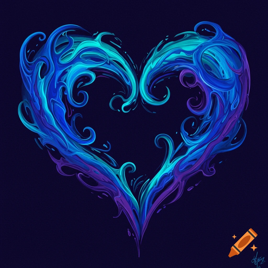 Abstract heart shape made of swirling blue and purple liquid.