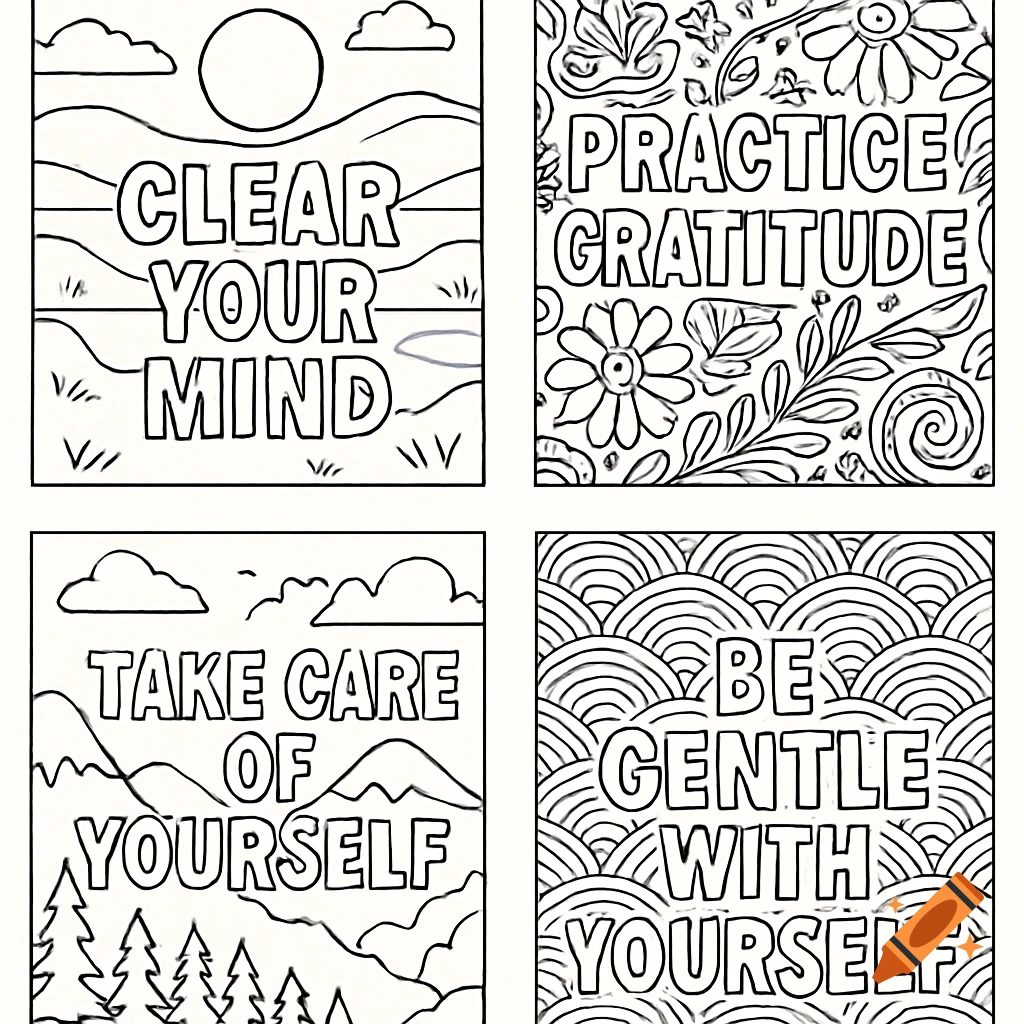 Four black and white coloring pages with affirmations: Clear Your Mind, Practice Gratitude, Take Care of Yourself, Be Gentle With Yourself.