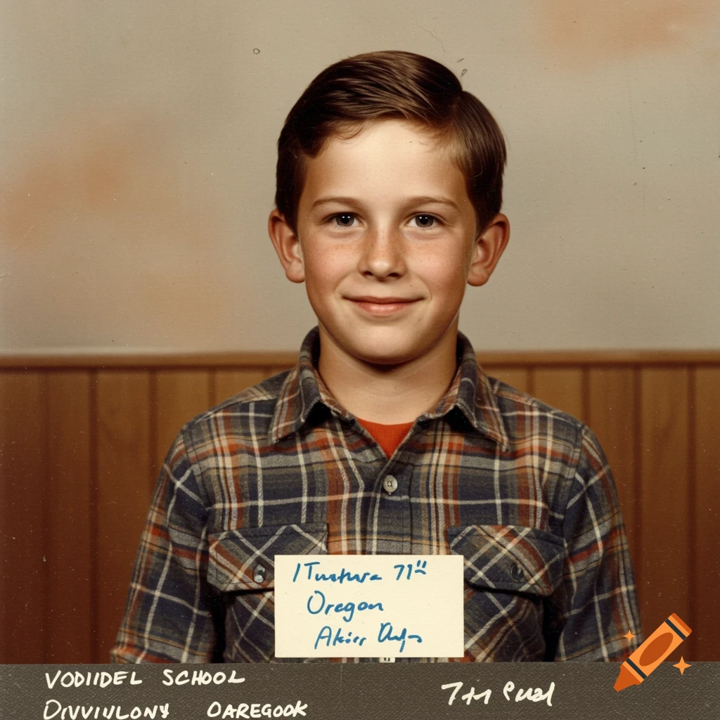 A smiling boy in a plaid shirt in a 70s school yearbook photo setting.