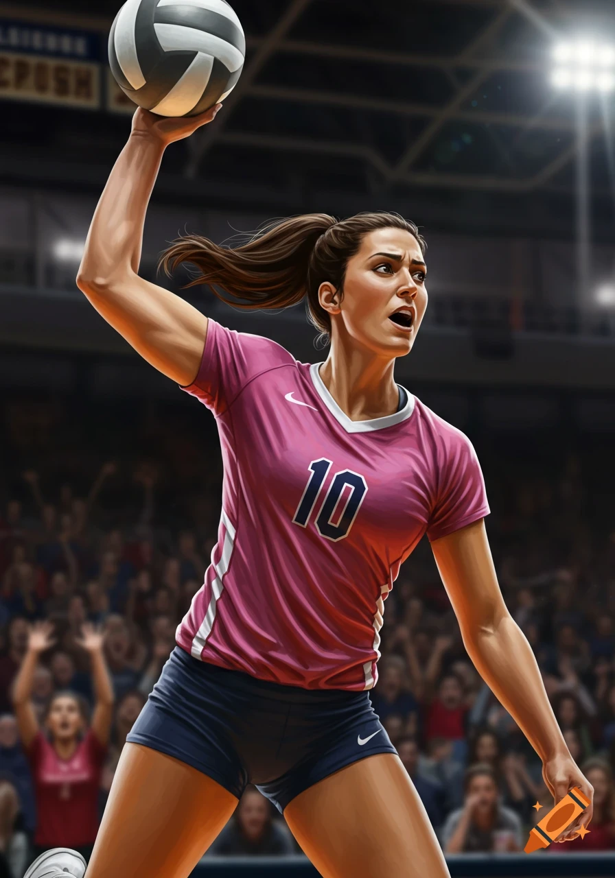 A female volleyball player in a pink jersey hits a volleyball during a game.